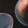 A detailed view of a spaceship approaching Mars, highlighting interplanetary exploration.