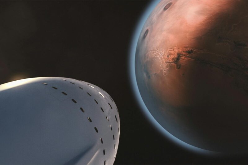 A detailed view of a spaceship approaching Mars, highlighting interplanetary exploration.