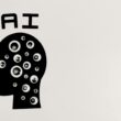 Abstract illustration of AI with silhouette head full of eyes, symbolizing observation and technology.