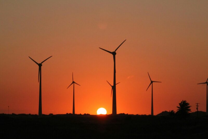 a group of windmills are silhouetted against a sunset