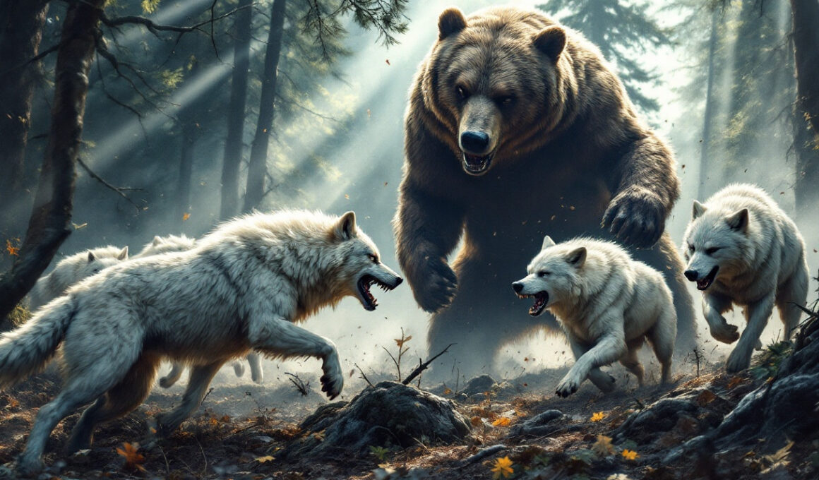 Haită de lupi teribil atacând un urs grizzly