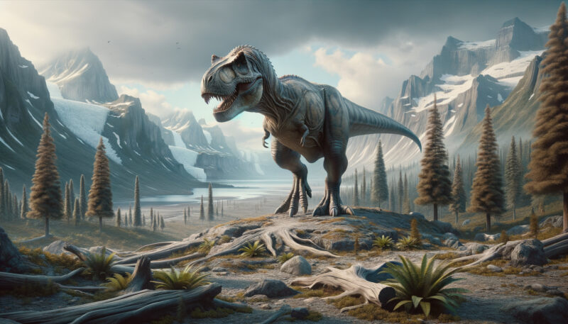 Un dinozaur T-Rex ce se deplasează în cautarea pradei