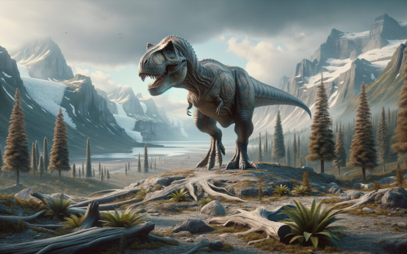 Un dinozaur T-Rex ce se deplasează în cautarea pradei