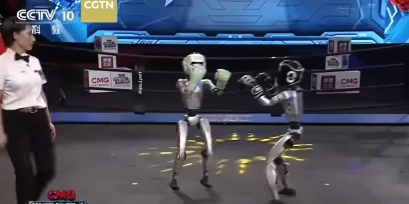 2 roboti umanoizi in ring, in timpul unui meci de box