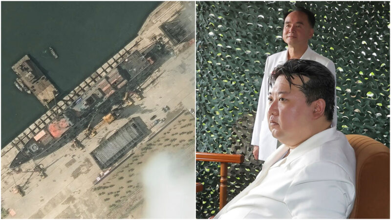 colaj cu un distrugator rasturnat si o imagine cu liderul nord-coreean kim jong-un