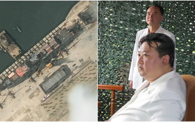 colaj cu un distrugator rasturnat si o imagine cu liderul nord-coreean kim jong-un
