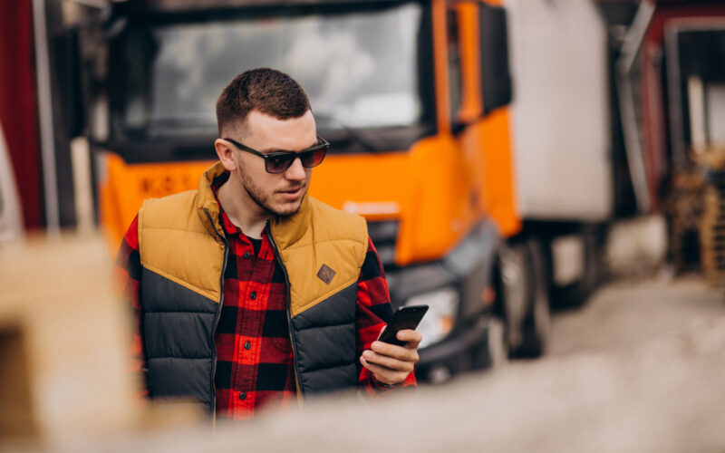 un sofer de camion isi verifica telefonul