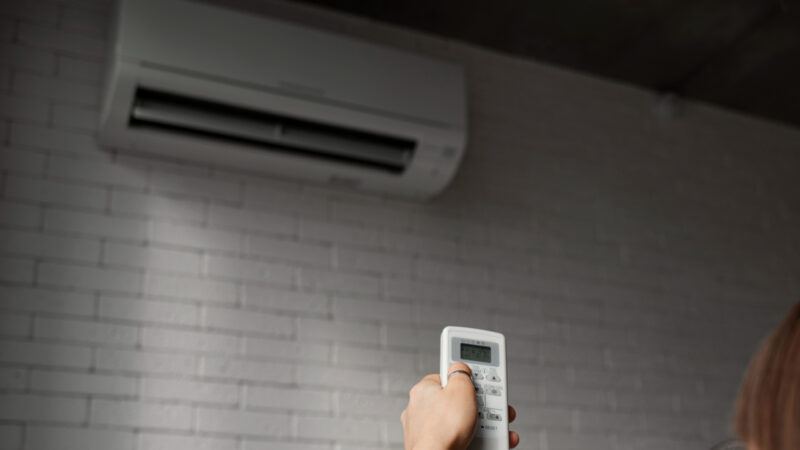 o femeie controleaza un aparat de aer conditionat