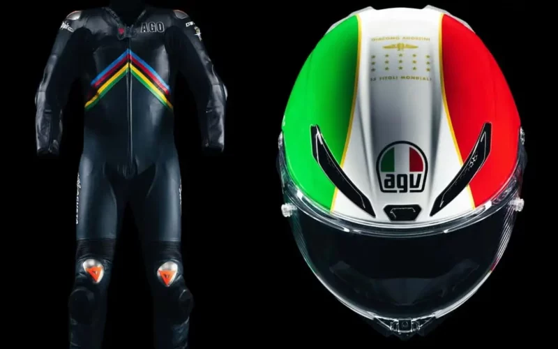 casca si costum moto de colectie cu culorile italiei pe fundal negru