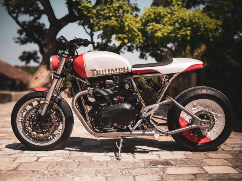 motocicleta custom made la triumph fotografiata cu copaci in spate