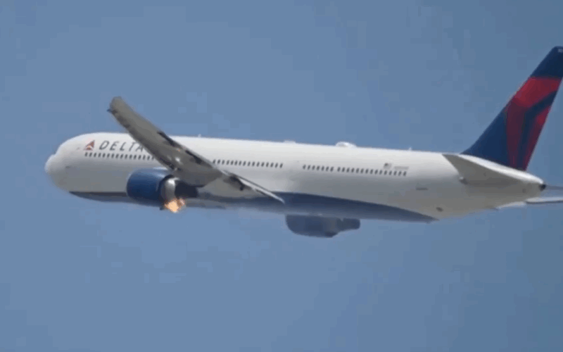 Avion Boeing 767 al companiei americane Delta Air Lines cu motorul in flacari