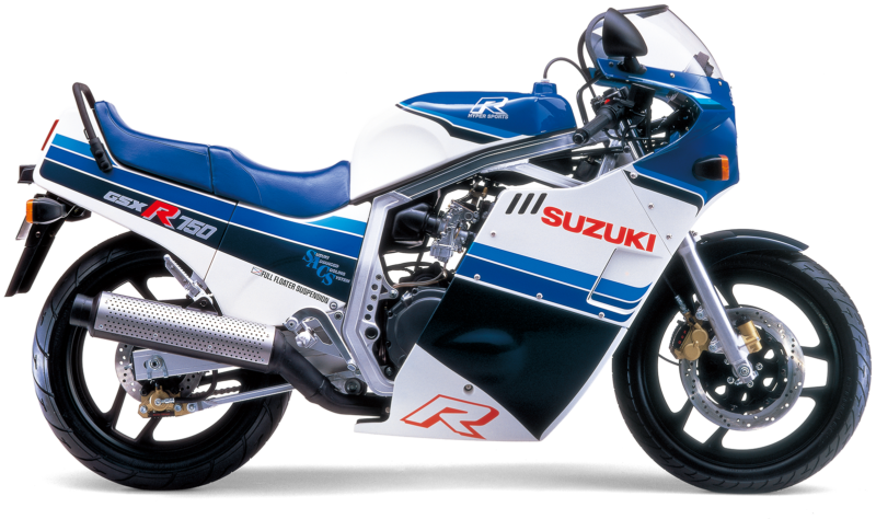 motocicleta suzuki de culoare alb albastra fotografiata din profil