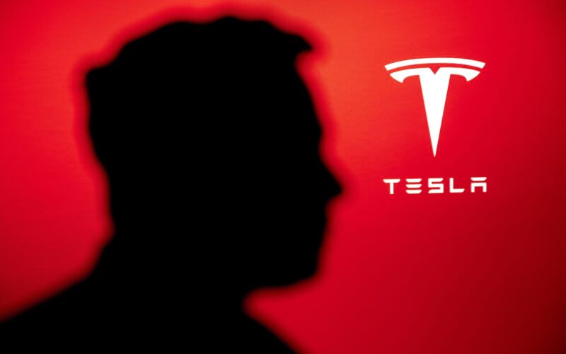 Logo-ul Tesla alături de silueta miliardarului american Elon Musk