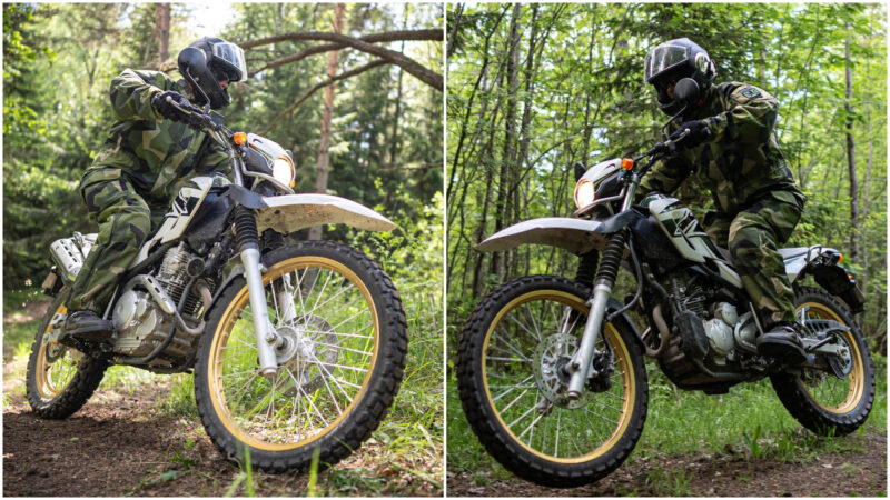 militar suedez pe o motocicleta de teren yamaha