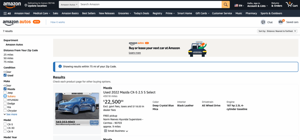 Ofertă de mașini second-hand pe Amazon Autos