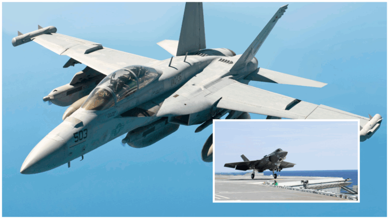 colaj cu imagini cu doua avioane, growler si f-35