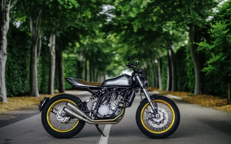 motocicleta clasica fotografiata intr-o padure