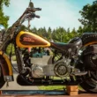 motocicleta harley davidson galbena la marginea unei paduri