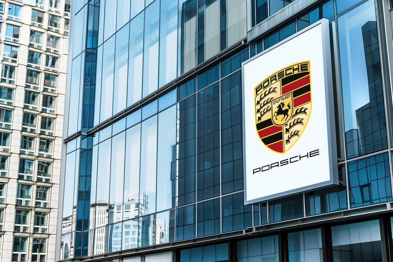 logo-ul porsche pe o cladire din sticla