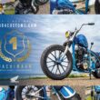 motocicleta custom made de culoare albastra pe o plaja