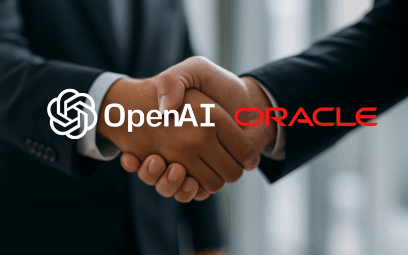 logou-urile open ai si oracle, unde doi oameni la costum dau mana