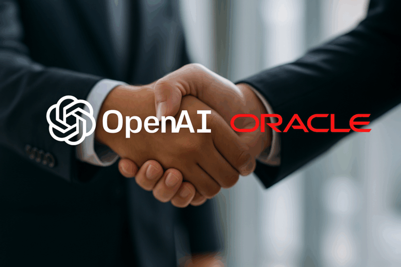 logou-urile open ai si oracle, unde doi oameni la costum dau mana