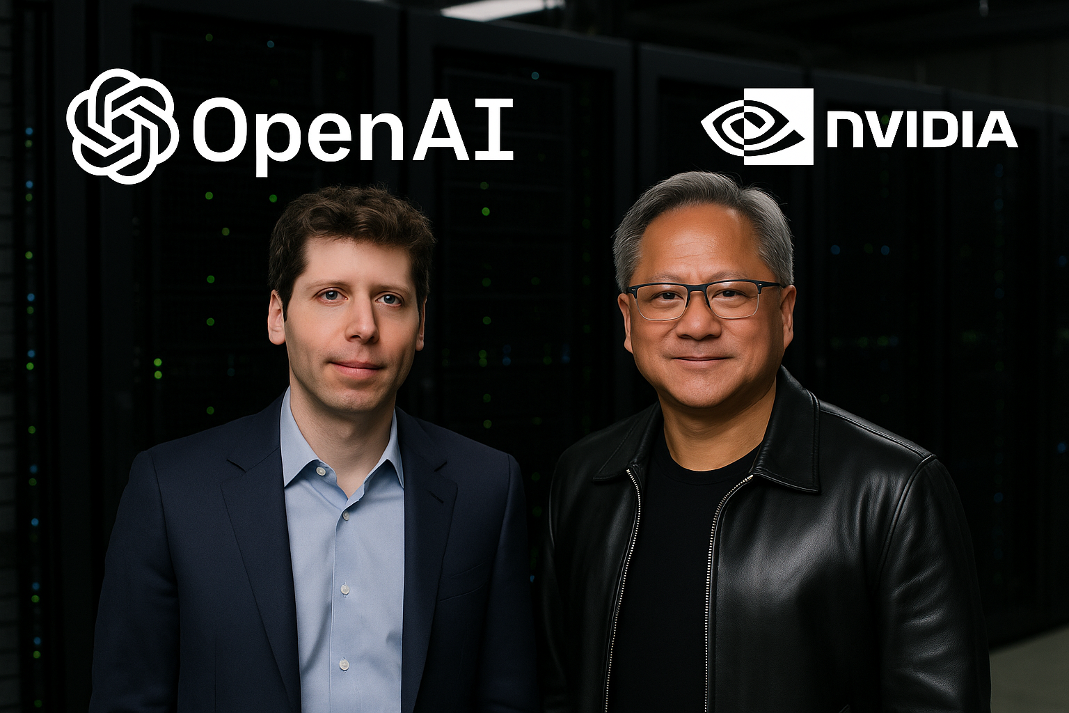 Sam Altman si Jensen Huang intr-o imagine cu logo-urile companiilor pe care le conduc
