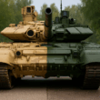 un tanc tm-90 jumatate vopsit in verde militar si jumatate in camuflaj desertic, reprezentand trimiterea unui model exponat pe front
