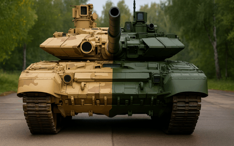 un tanc tm-90 jumatate vopsit in verde militar si jumatate in camuflaj desertic, reprezentand trimiterea unui model exponat pe front