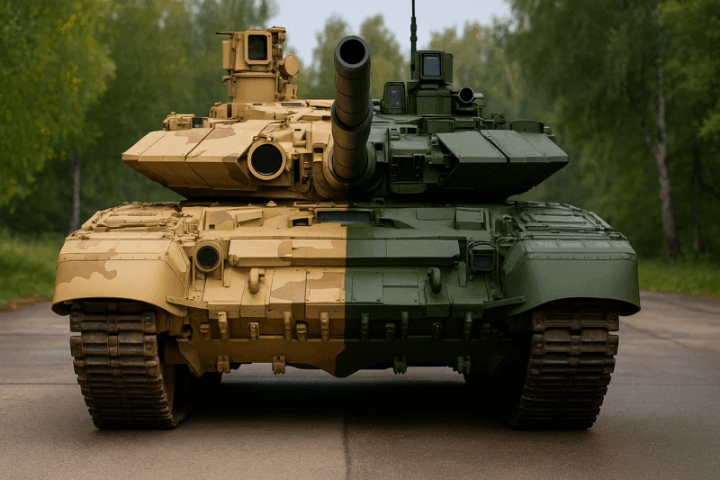un tanc tm-90 jumatate vopsit in verde militar si jumatate in camuflaj desertic, reprezentand trimiterea unui model exponat pe front