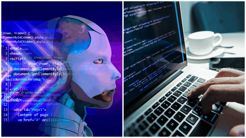 colaj foto cu un sistem ai alaturi de o imagine cu un programator care scrie cod