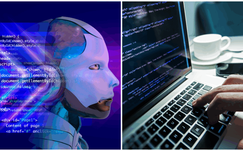colaj foto cu un sistem ai alaturi de o imagine cu un programator care scrie cod