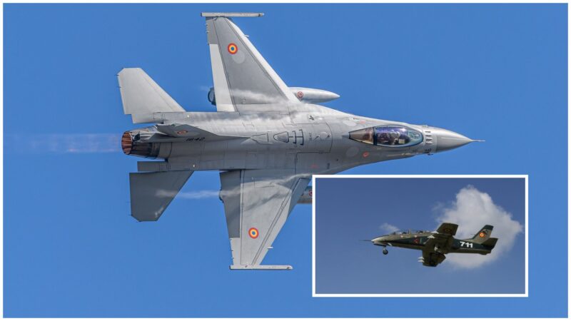 colaj foto cu imagini cu doua avioane un f-16 si un iar 99 soim