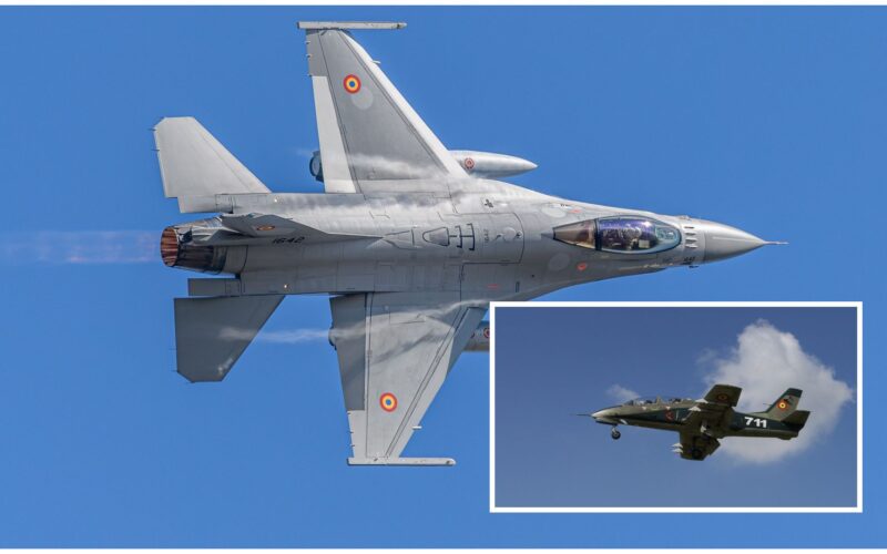 colaj foto cu imagini cu doua avioane un f-16 si un iar 99 soim