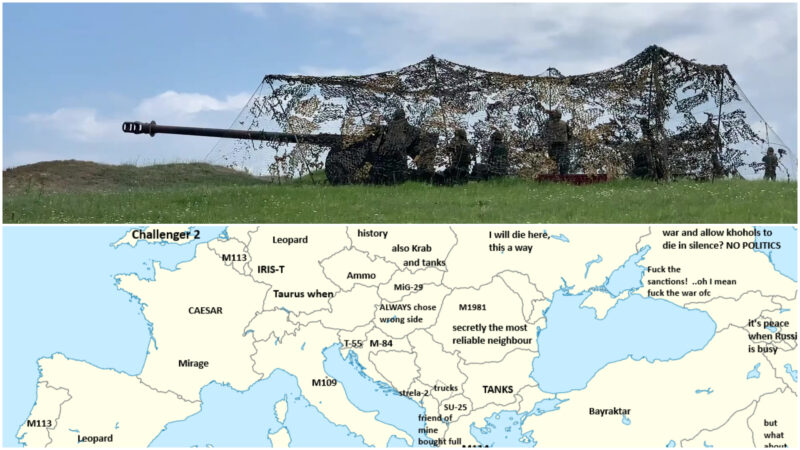colaj cu un obuzier romanesc si o harta a europei vazuta prin ochii unui ucrainean