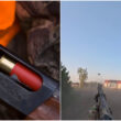 colaj de imagini cu un shotgun in stanga si un militar care distruge o drona fpv cu un shotgun