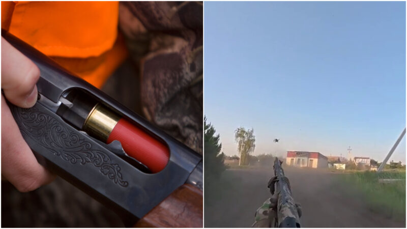 colaj de imagini cu un shotgun in stanga si un militar care distruge o drona fpv cu un shotgun
