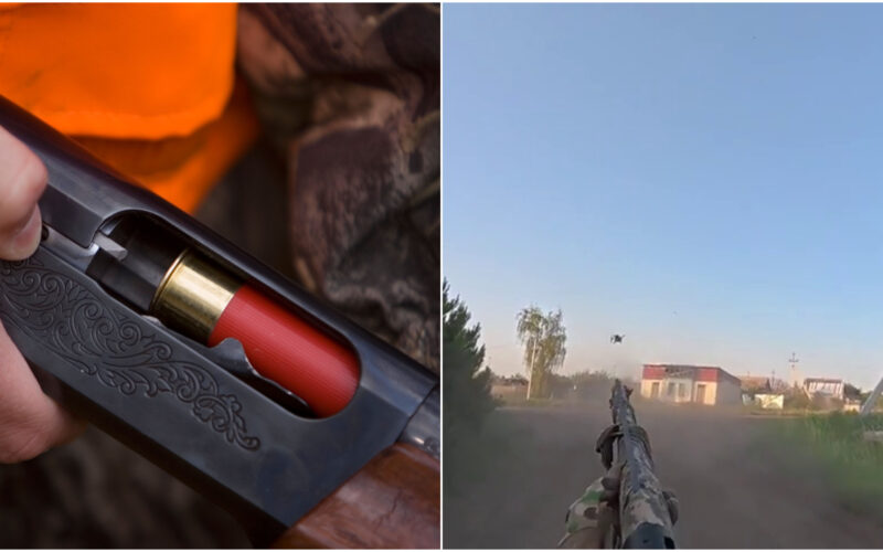 colaj de imagini cu un shotgun in stanga si un militar care distruge o drona fpv cu un shotgun