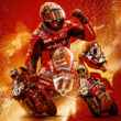 poster rosu cu motociclisti si motociclete rosii de la ducati