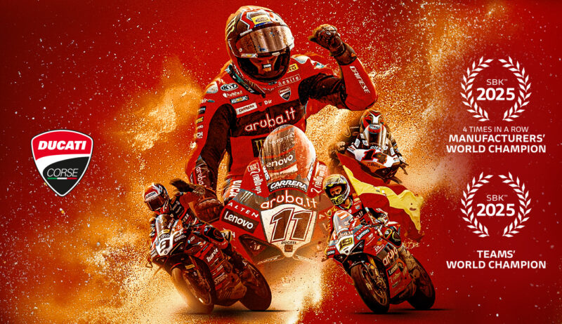 poster rosu cu motociclisti si motociclete rosii de la ducati