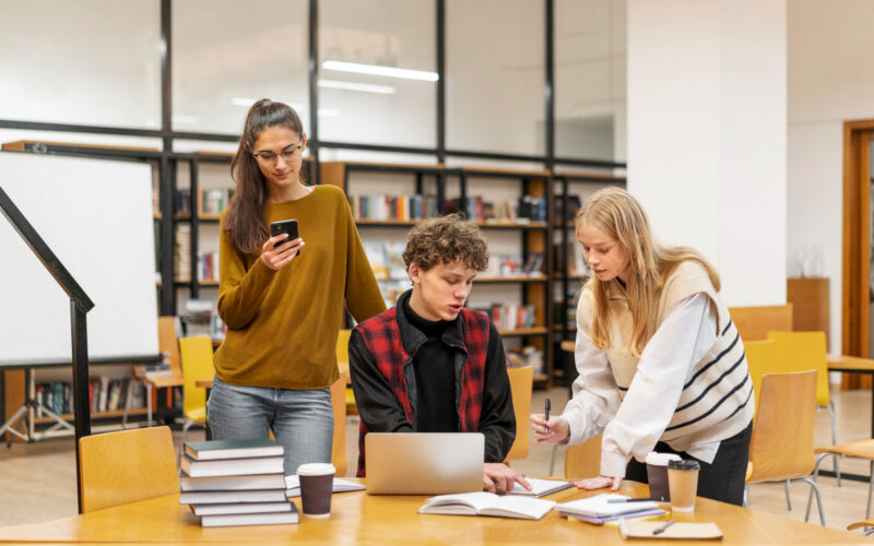 studenti intr-o biblioteca