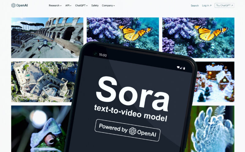 modulul video AI Sora, pe un telefon cu niste imagini pe fundal