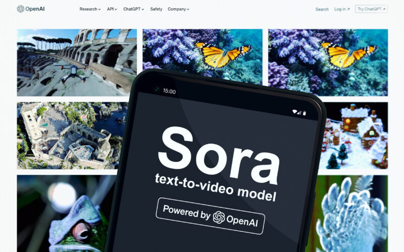 modulul video AI Sora, pe un telefon cu niste imagini pe fundal