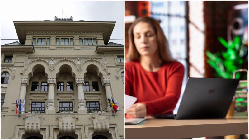 colaj foto cu o imagine cu sediul primariei bucurestiului in stanga si o femeie care lucreaza la un birou cu un laptop in dreapta