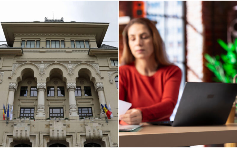 colaj foto cu o imagine cu sediul primariei bucurestiului in stanga si o femeie care lucreaza la un birou cu un laptop in dreapta