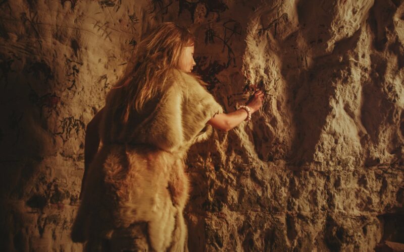 Copil neanderthalian care desenează pe pereții unei peșteri