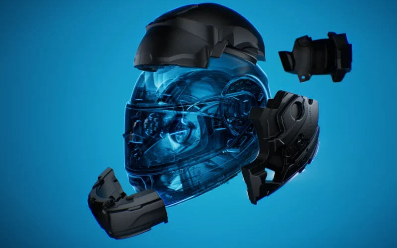 structura casca moto module interconectate pe fundal albastru