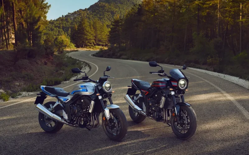 doua motociclete naked la marginea unei paduri pe un drum virajat