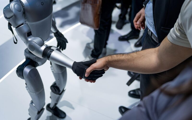 un robot ii strange mana unui barbat