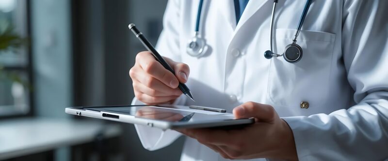 Medic care consultă o tabletă